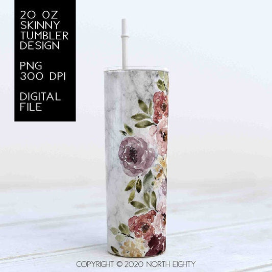 Marble Skinny Tumbler png - 20 oz Sublimation Digital Download - Clip Art - Watercolor Floral - Fall Flowers and Marble
