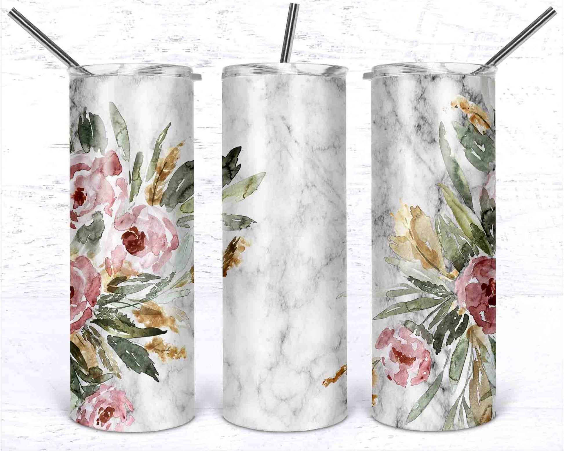 Marble Skinny Tumbler png - 20 oz Sublimation Digital Download - Clip Art - Watercolor Floral - Flowers and Marble Design