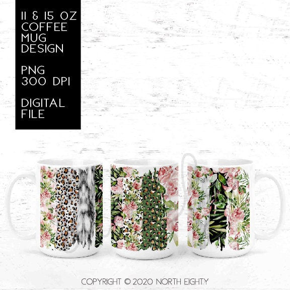 Coffee Cup Sublimation Design - Mug png - Watercolor Flowers - 11 oz mug design - 15 oz Coffee Cup Sublimation - Brushstrokes