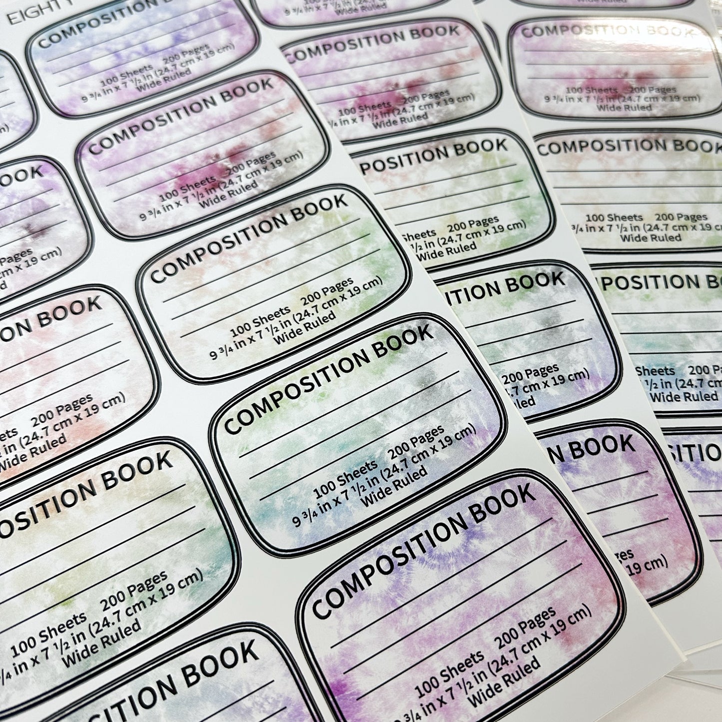 Tie Dye Pastel Composition Book Vinyl Decals Sheet