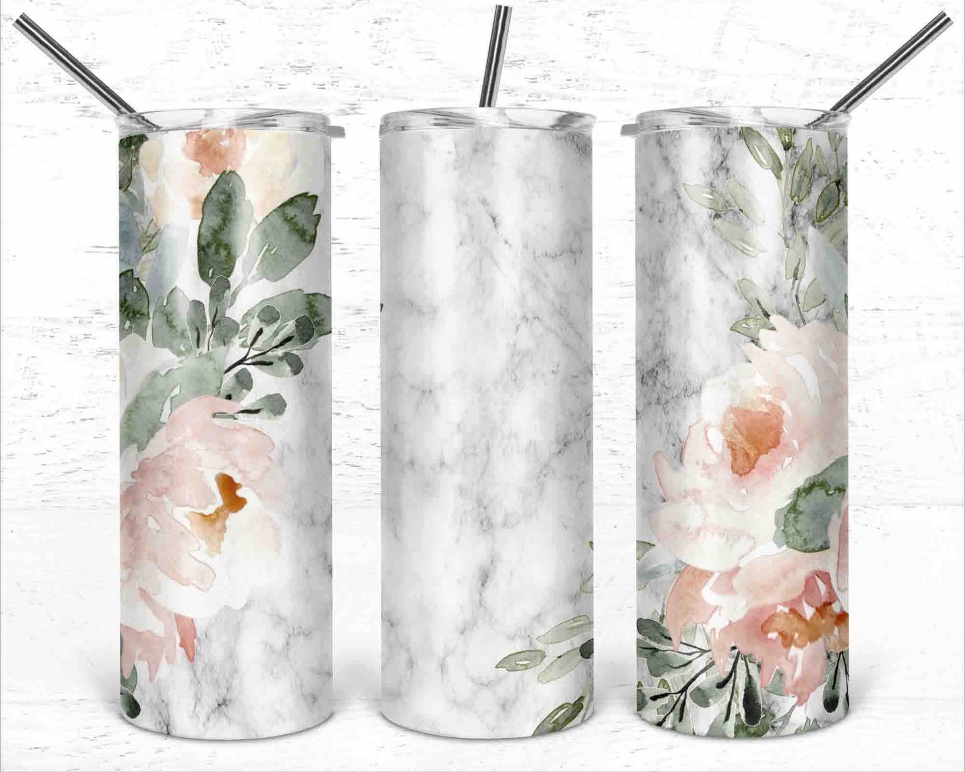 Marble Skinny Tumbler png - 20 oz Sublimation Digital Download - Clip Art - Watercolor Floral - 20 oz Tumbler Download - Flowers and Marble