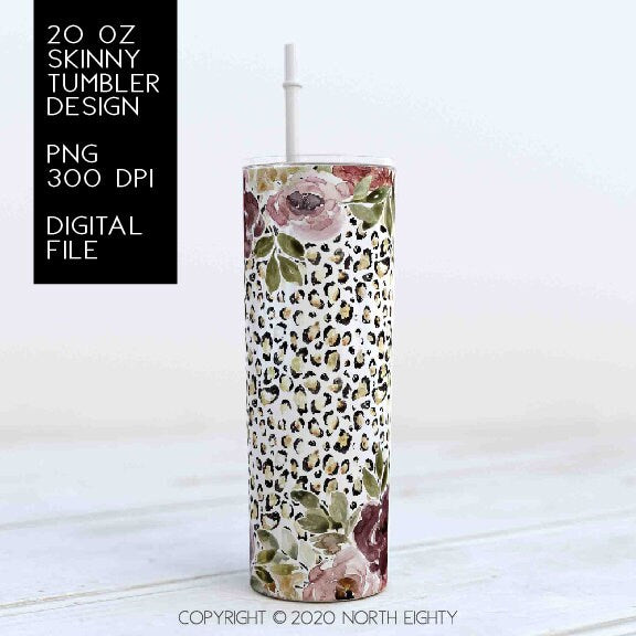 Leopard Skinny Tumbler png - Fall 20 oz Sublimation Digital Download - Clip Art - Watercolor Flowers - 20 oz Tumbler Download - Cheetah