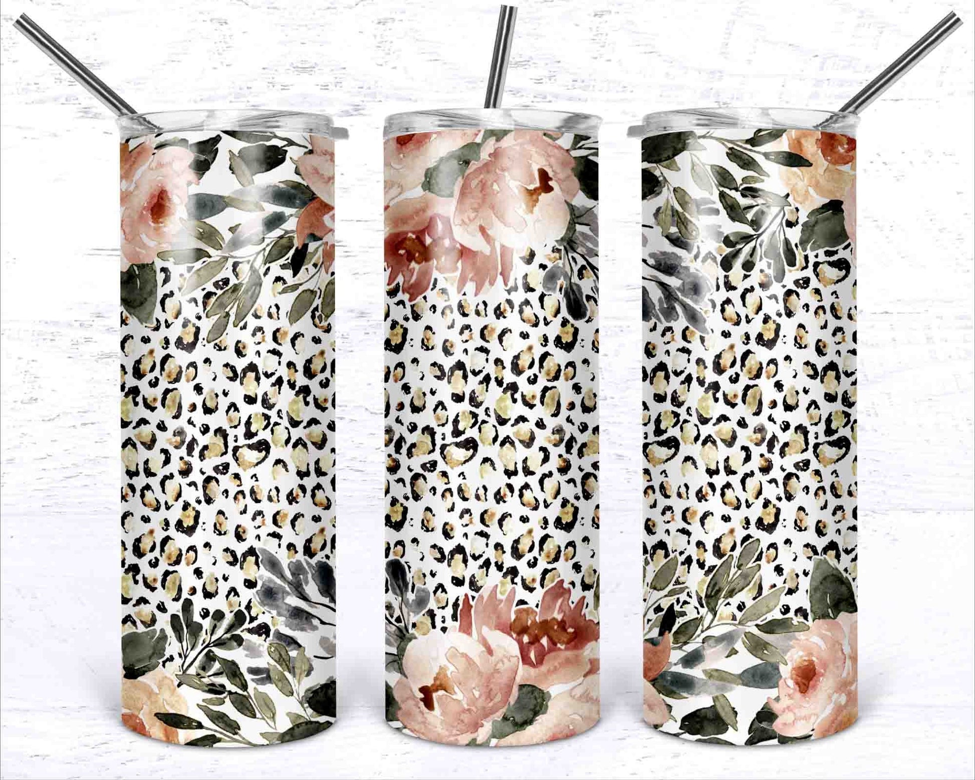 Leopard Skinny Tumbler png - 20 oz Sublimation Digital Download - Clip Art - Fall Watercolor Flowers - 20 oz Tumbler Download - Cheetah