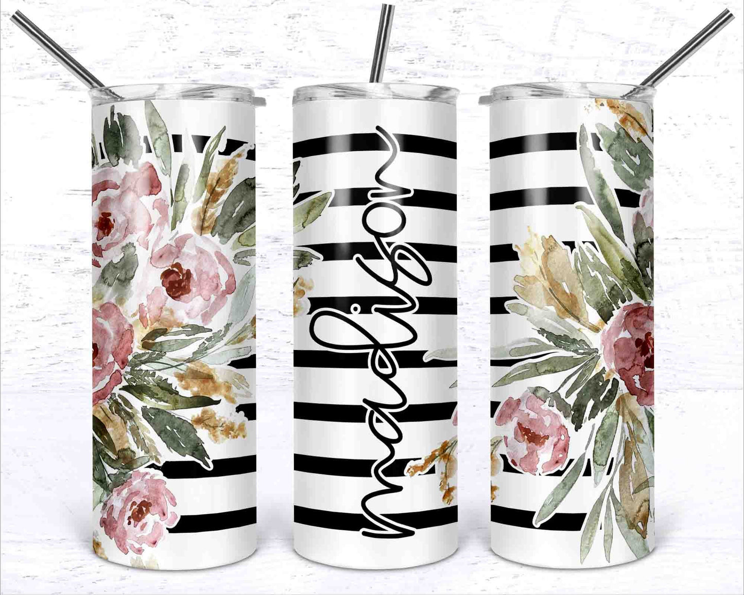 Skinny Tumbler png - 20 oz Sublimation Digital Download - Watercolor Floral - Flowers and Stripes