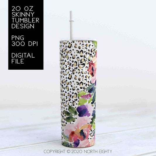 Skinny Tumbler png - 20 oz Sublimation Digital Download - Clip Art - Watercolor Flowers - 20 oz Tumbler Download - Leopard