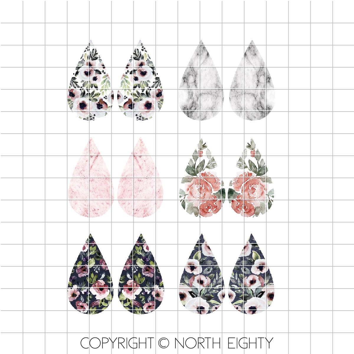 Sublimation Teardrop Earring Design - Floral Digital Download - Bundle - Watercolor Florals - Marble